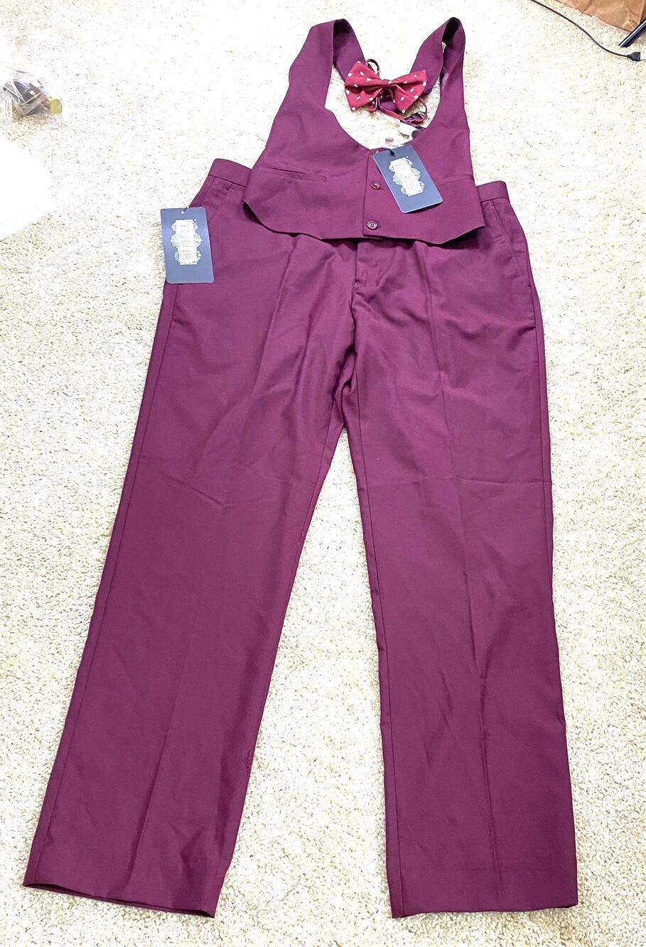 Beetlejuice Wedding Suit Vest Pants Bow Tie Burgundy FUN Costumes Mens